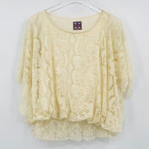 Free People Size Small Cream Floral Lace Blouson Boho Batwing Blouse Top